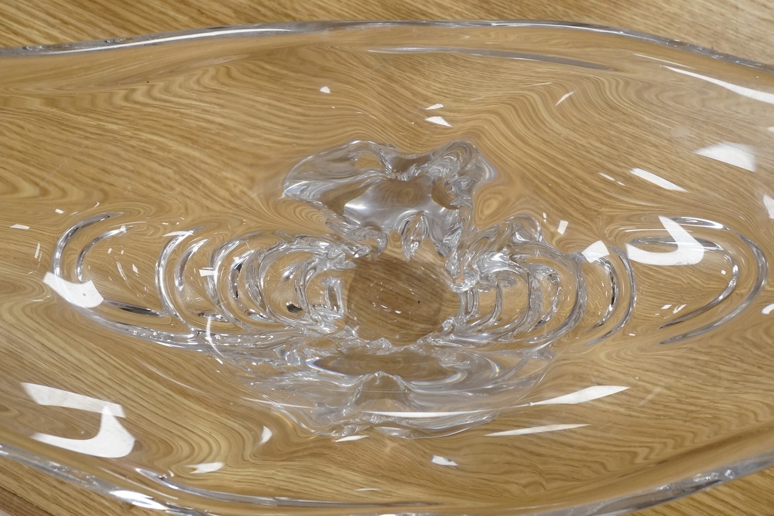 A 1950’s-60’s free form glass vase and a heavy cut glass navette shaped bowl, free form vase 62cm wide